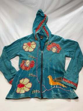 Rising International Women's Size M Floral Bird Embroidered Zip Up Hoodie
